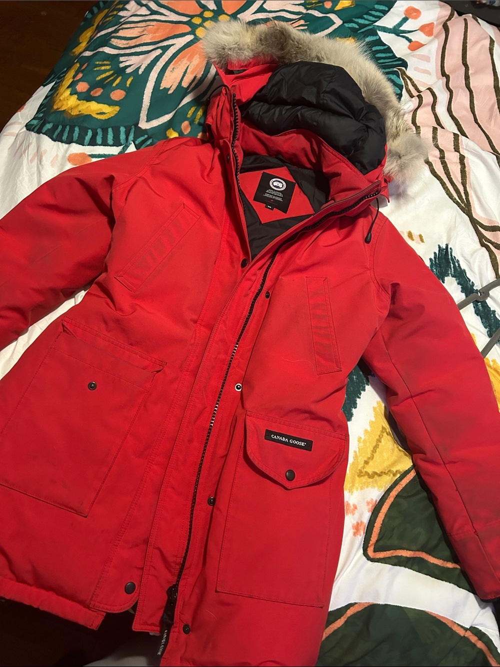 Canada Goose Red Down Parka with Fur-Trim Hood